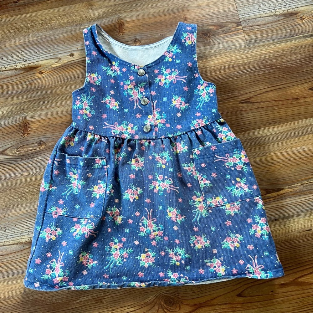 Health-tex Girls 4T Vintage Blue Floral Denim Cottage Jumper Dress Made in USA